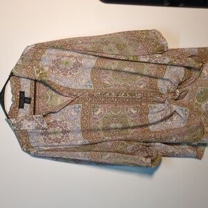 Rachel Zoe Boho Printed Tie Front Button Down Blouse, Size 3X Pink Green Gray